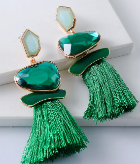 Green Rhinestone Tassel Earrings