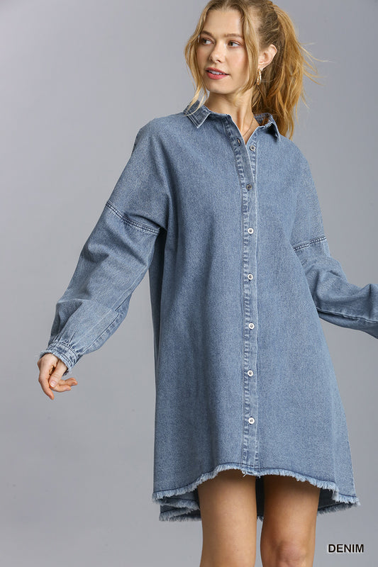 Long Sleeve Button Down Denim Dress with Frayed Hem