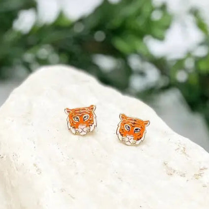Bengal Tiger Head Enamel Stud Earrings