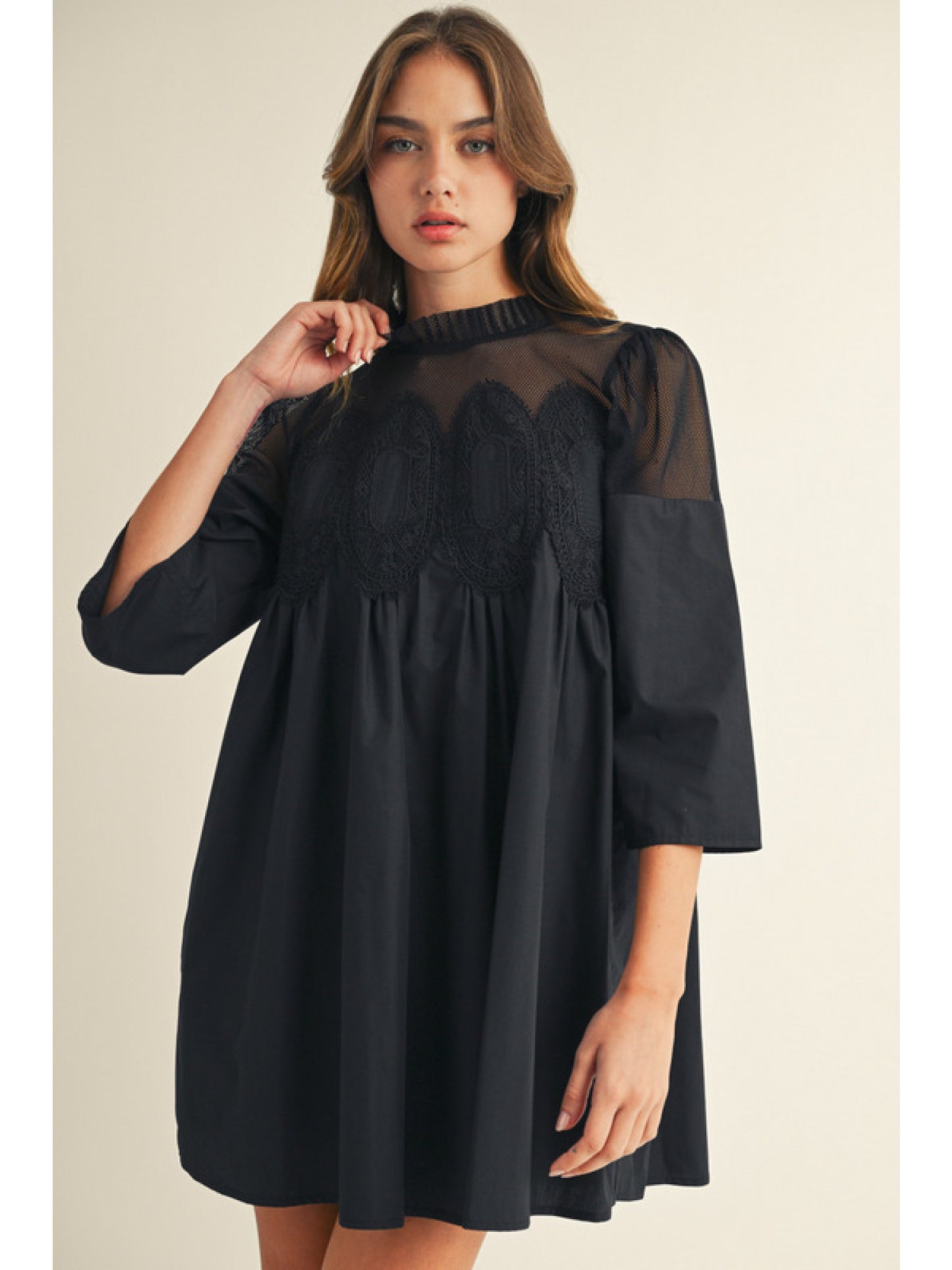 Black 3/4 Sleeve Babydoll Dress with Mesh Contrast