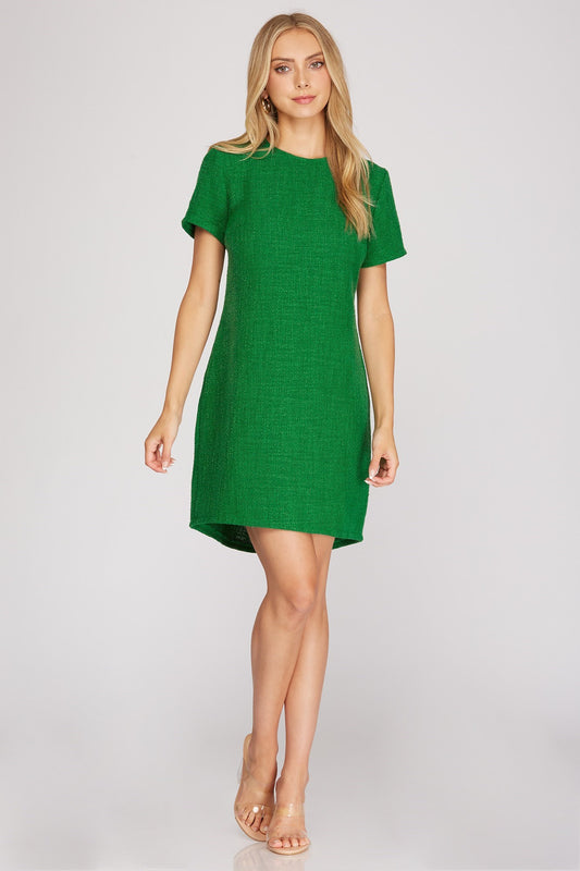 Green Short Sleeve Tweed Mini Dress
