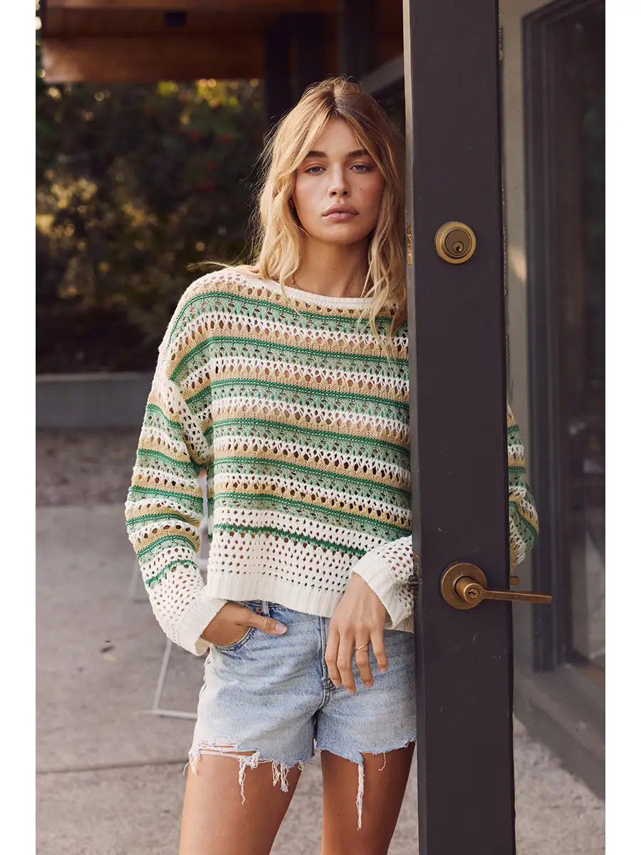 Green Multi-Stripe Crochet Sweater