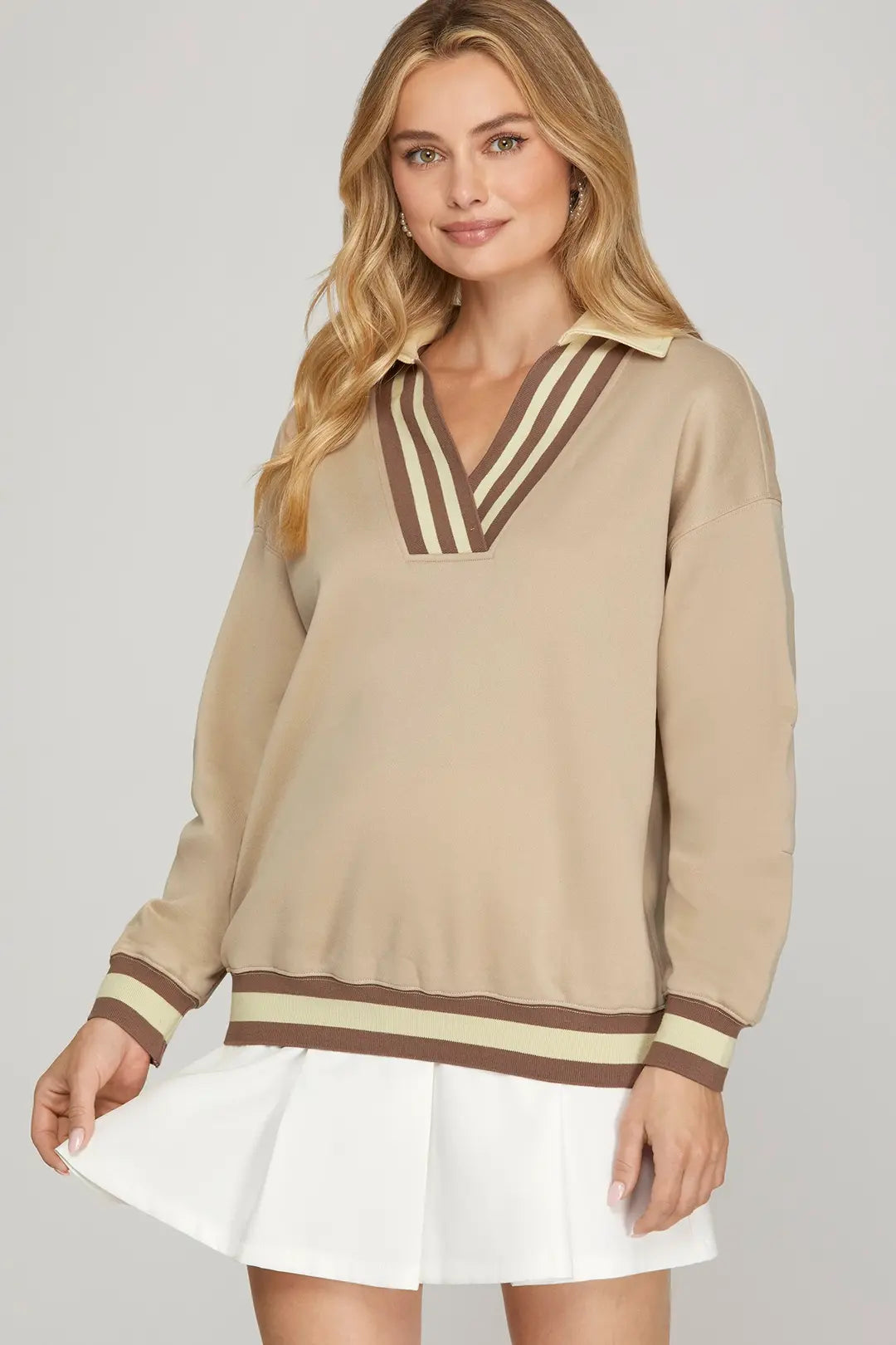 Taupe V Neck Knit Pullover Top with Contrast Rib Band