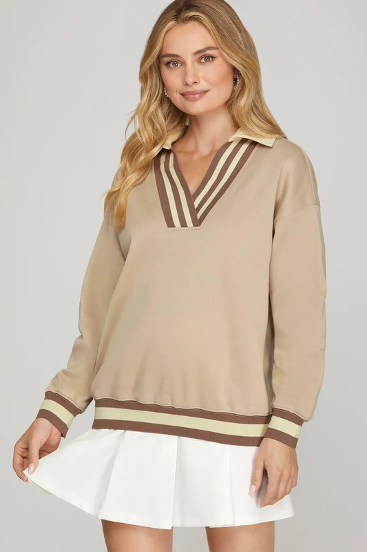 Taupe V Neck Knit Pullover Top with Contrast Rib Band