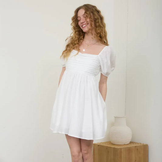 Off White Pleated Bodice Short Puff Sleeve Dress