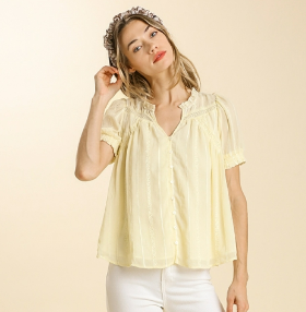 SALE Natural Short Puff Sleeve Lace Trim Detail Top with Lining