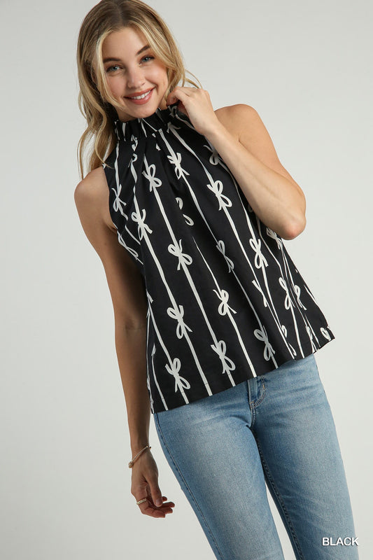 Black Ribbon Print Back Bow Tie Top