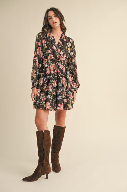 Chocolate Floral Ruffle Tiered Mini Dress