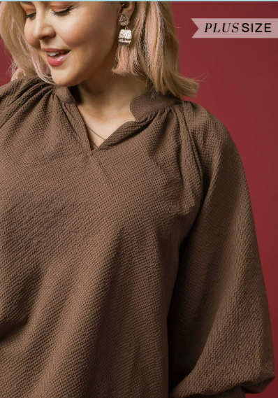 Chocolate Textured Scallop Hem Blouse