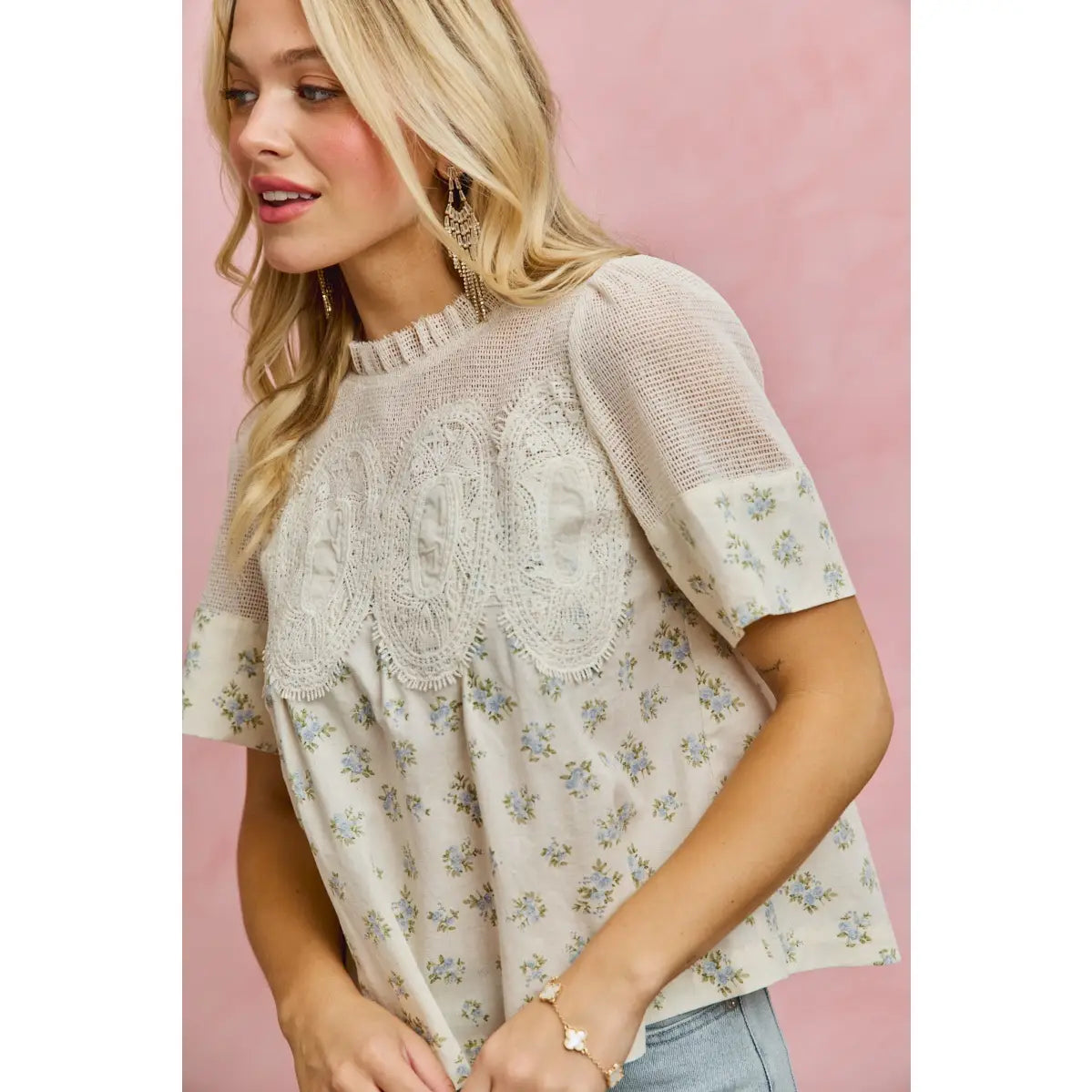 Floral print lace trim short sleeves cotton blouse top