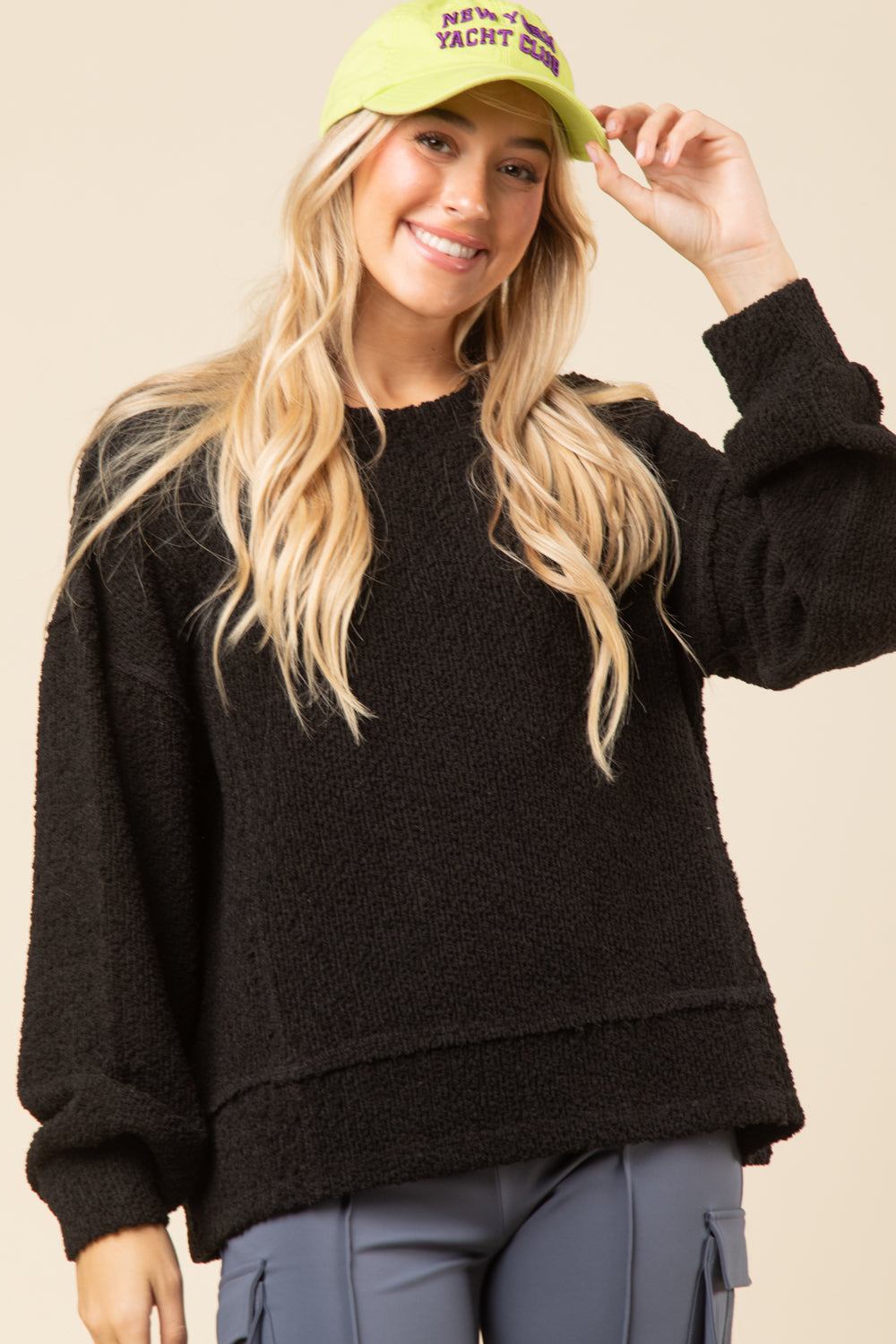 Black Textured Knit Oversized Top