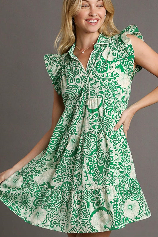 Green Abstract Print Babydoll Dress