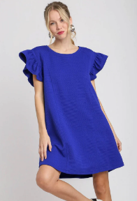 Blue Criss Cross Jacquard Knit Dress with Side Pockets--Plus Sized