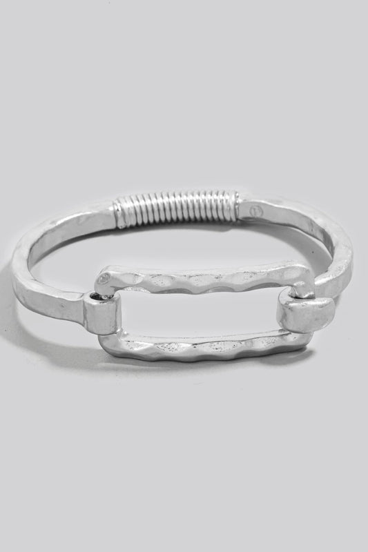 Silver Hammered Rectangle Coil Spring Hook Bangle Bracelet
