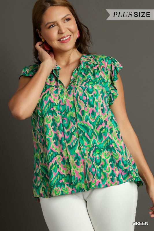 Sale Green Mixed Print Boxy Cut Top-Plus Size