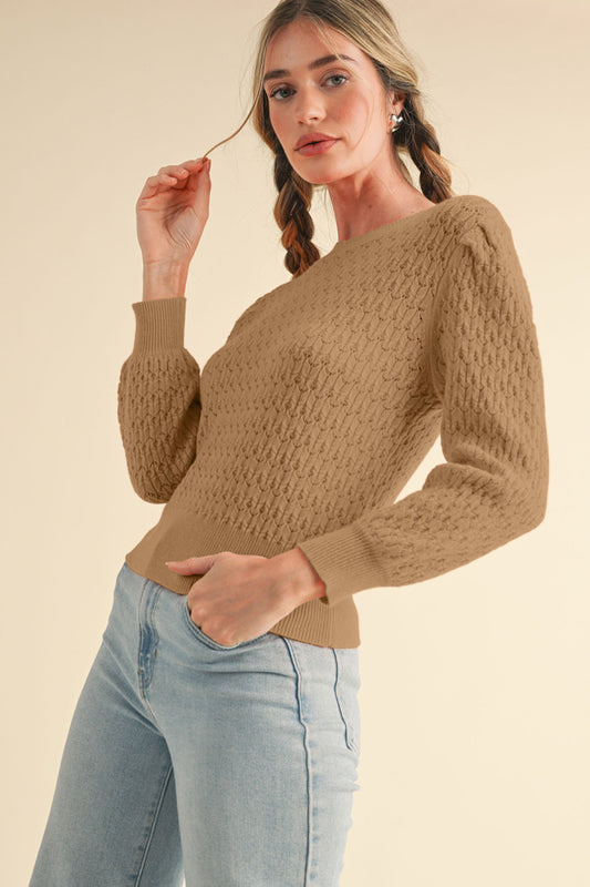 French Beige Puff Sleeve Pointelle Sweater