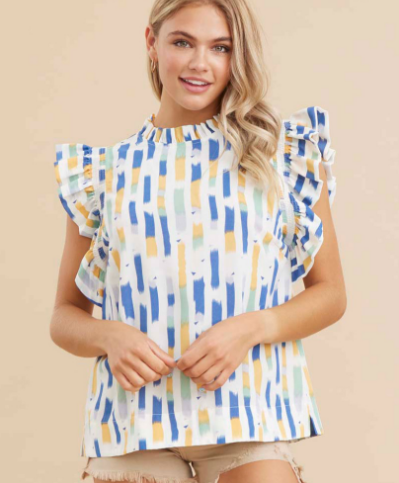 SALE Blue & Yellow Abstract Print Ruffled Shoulder Top