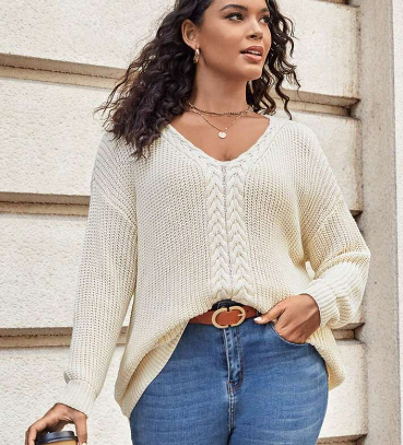 SALE Plus Cream Cable Knit V-Neck Drop Shoulder Sweater