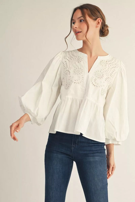 Jodifl White  3/4 Puff Sleeve Peplum Eyelet Accent Top