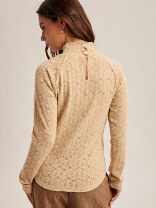 Beige  Mock Neck Long Sleeve Brushed Lace Top