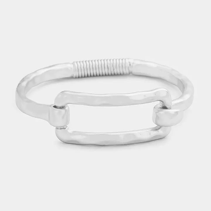 Metal Cut Out Rectangle Hook Bracelet: Worn Silver