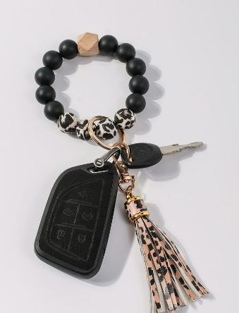 Leopard Print Tassel Charm Beaded Keychain