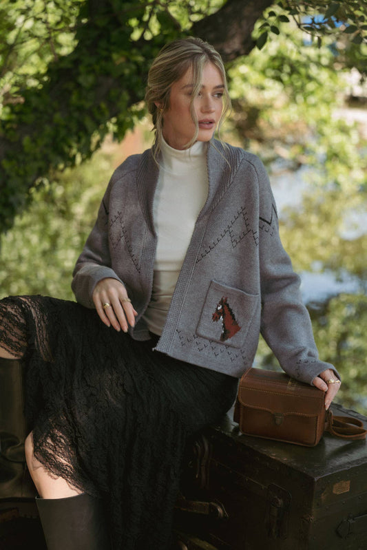 Dark Gray Horse Accent Collared Cardigan