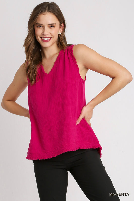 Magenta Cotton Gauze Sleeveless, V-Neck High Low Hem Top with Fray Details