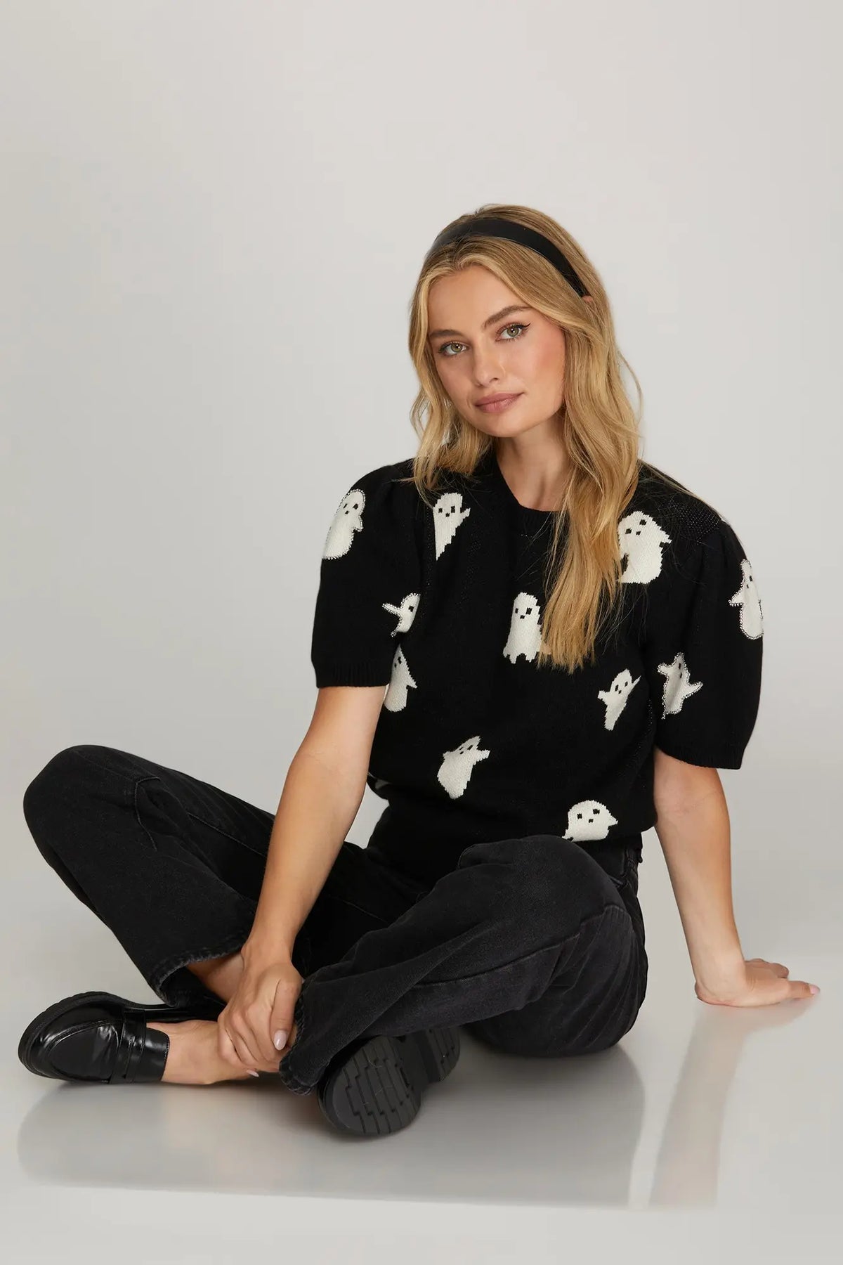 Halloween Ghost Pattern Puff Short Sleeve Sweater