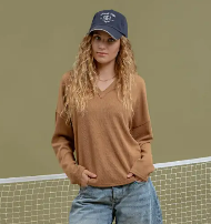 Almond Solid Notch Neck Knit Top