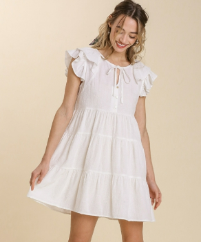 SALE Off White Poplin Dress With Ruffled Sleeves and Front Tie