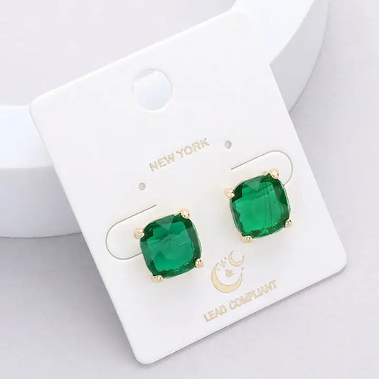 Green Cushion Square Stone Stud Evening Earrings