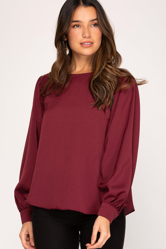 SALE Wine Colored Blouse with Smocked Shoulder Detail