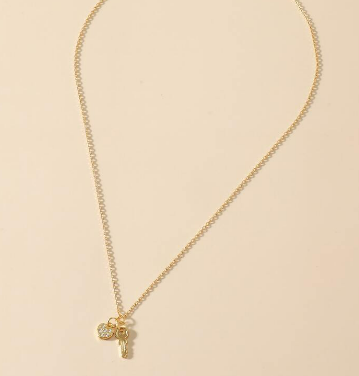 Key & Heart Charm Necklace-Gold tone