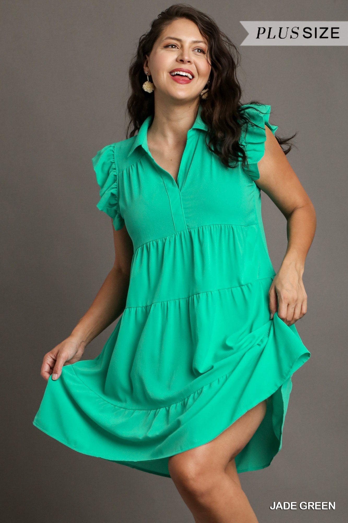 Jade Green Tiered Short Dress-Plus Size