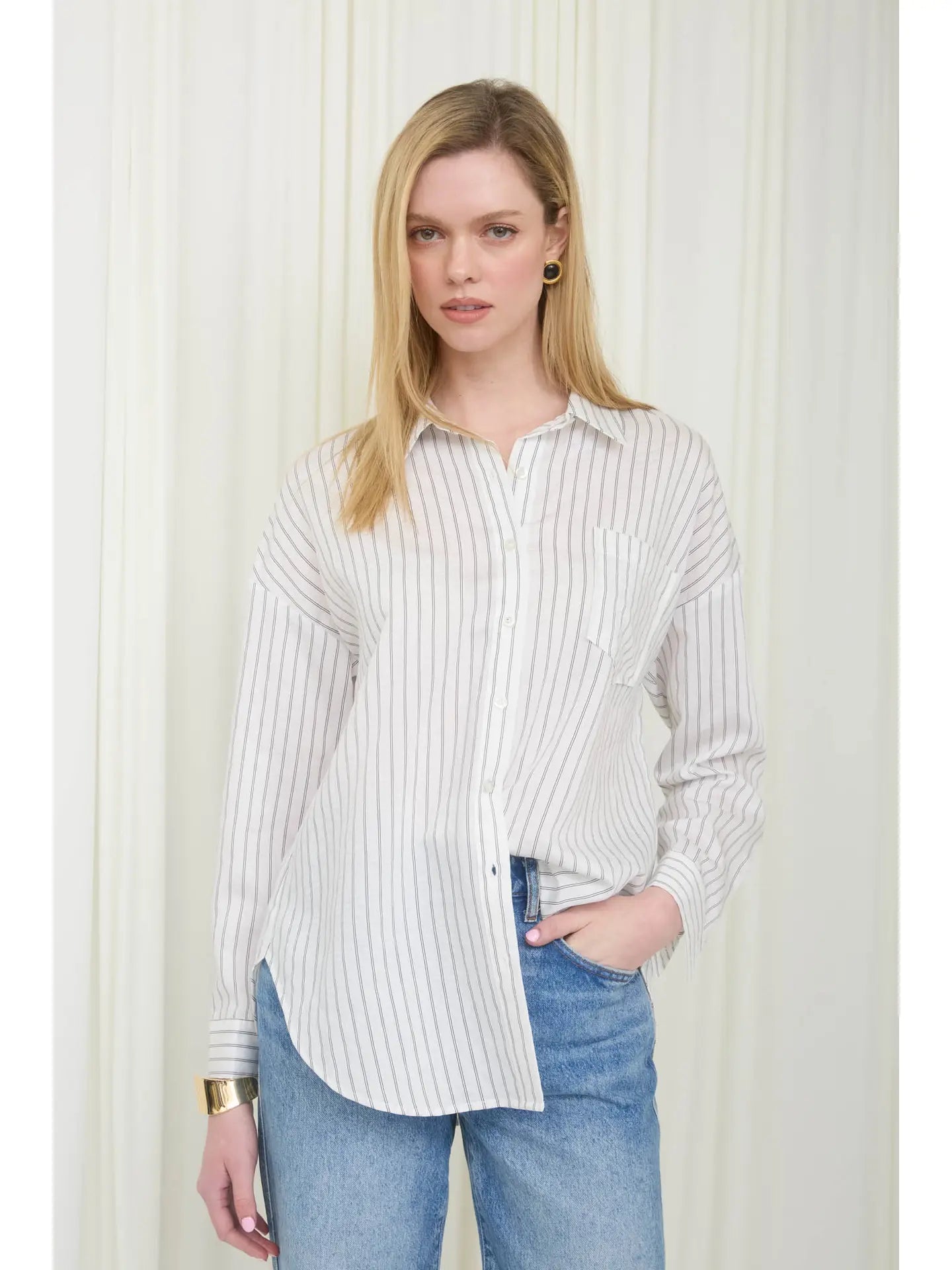 Ivory Striped Button Down Long Sleeve Shirt
