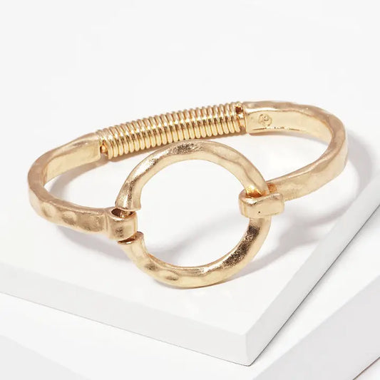 Hammered Metal Round Hook Clasp Hinged Bracelet: Worn Gold