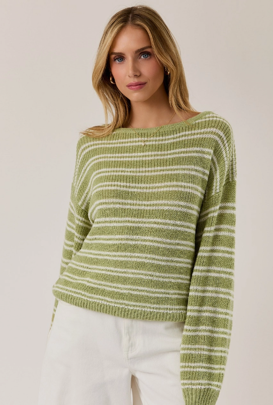 Light Green Striped Boat Neck Sweater