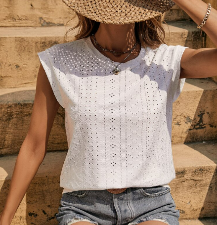 White  Eyelet Embroidery Batwing Sleeve Tee