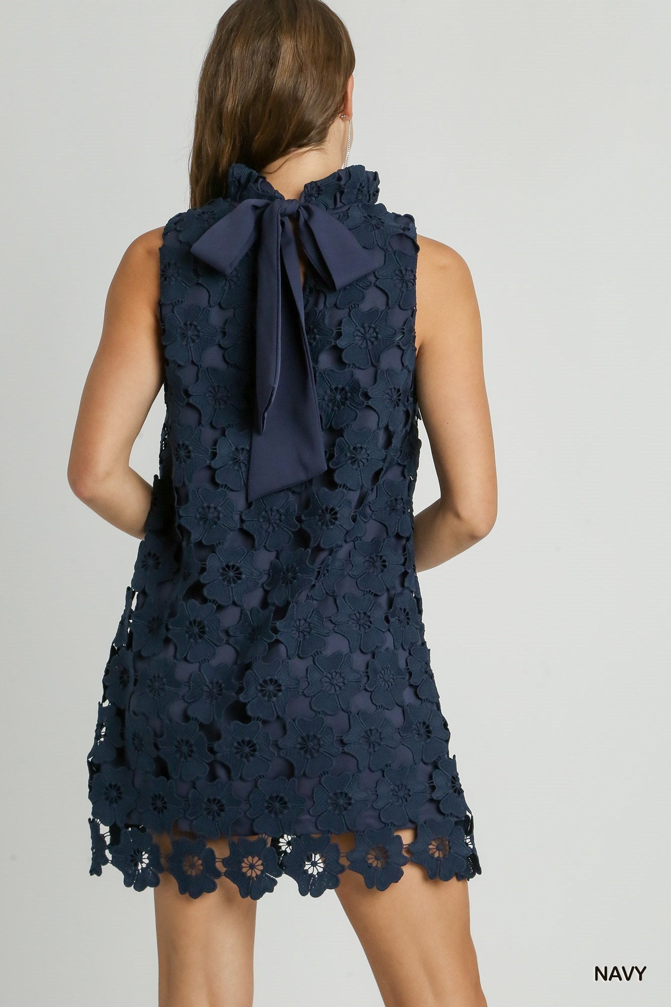 Navy Floral Lace High Neck Sleeveless Dress with Back Bow Tie