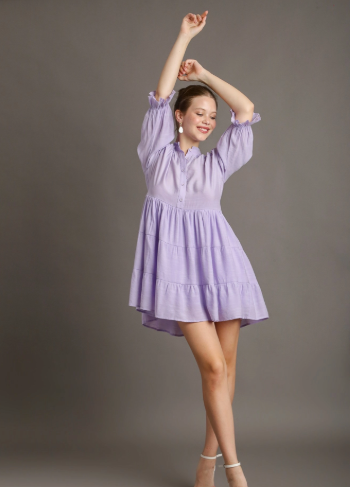 Umgee Lavender Tiered Puff Sleeve Button-Front Mini Dress