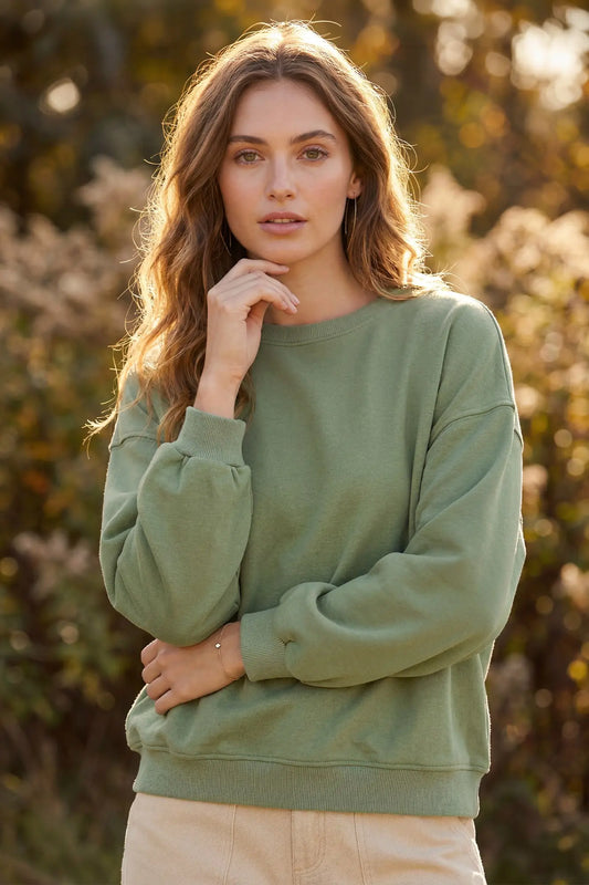 Olive French Terry Knit Top With Back Pleated Detail