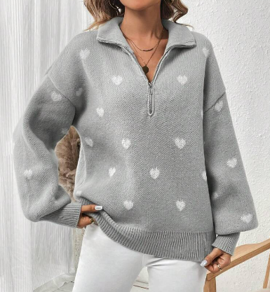 Heart Pattern Half Zipper Sweater: Light Gray