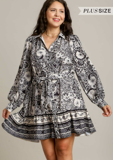 Floral with Border Print Dress with Belt