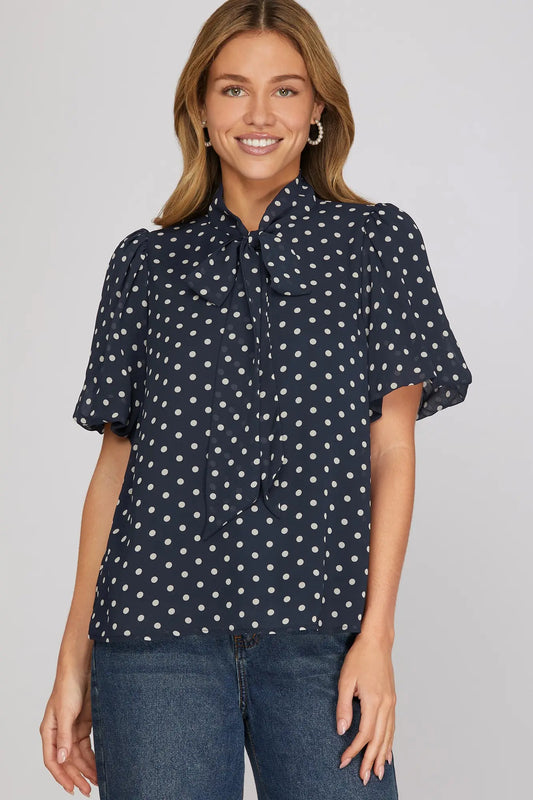 Navy Polka Dot Short Puff Sleeve Woven Top with Bow