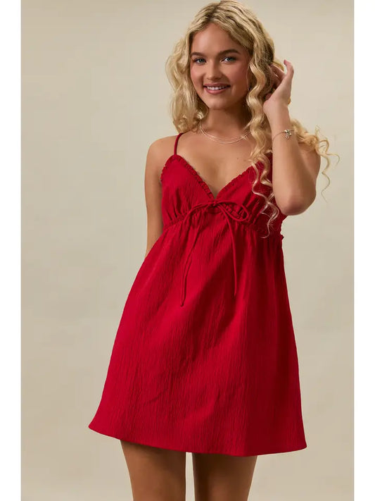 Red Ruffle Detail Spaghetti Strap A-Line Mini Dress