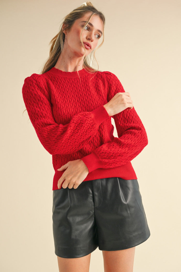 Red Puff Sleeve Pointelle Sweater