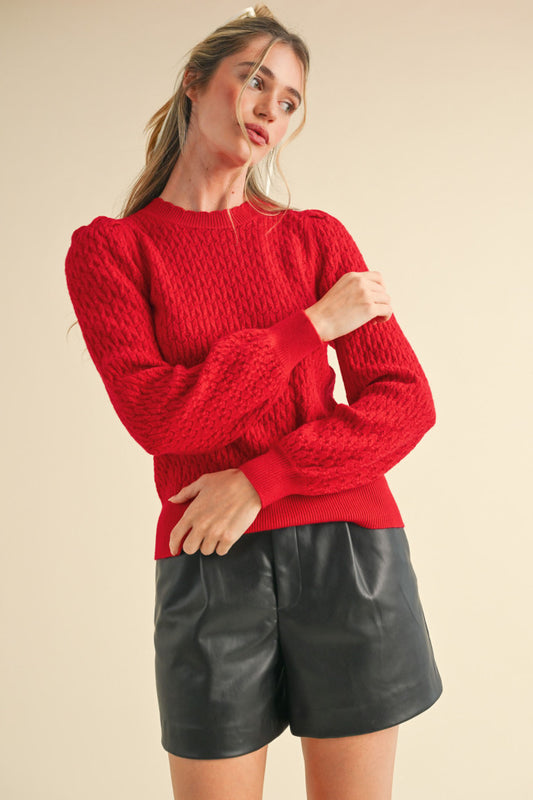 Red Puff Sleeve Pointelle Sweater