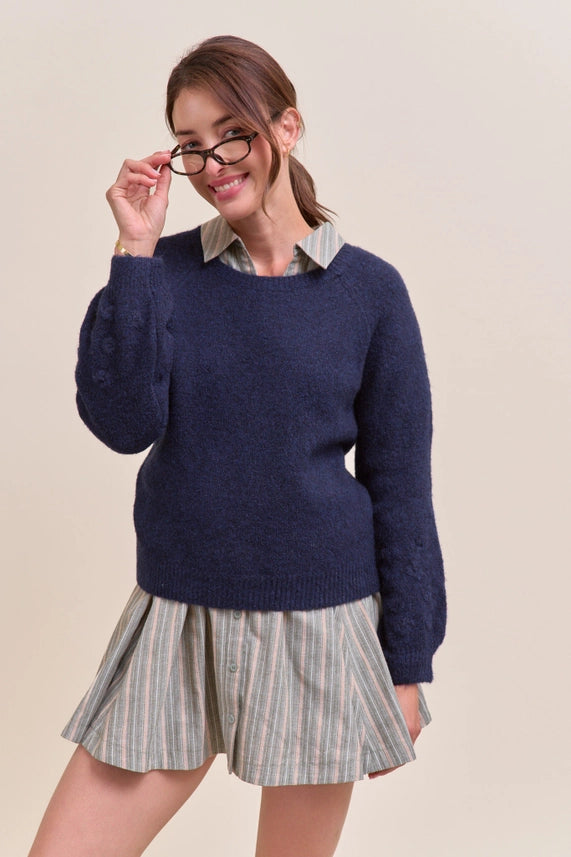 &Merci Navy Floral Accent Knit Puff Sleeve Sweater