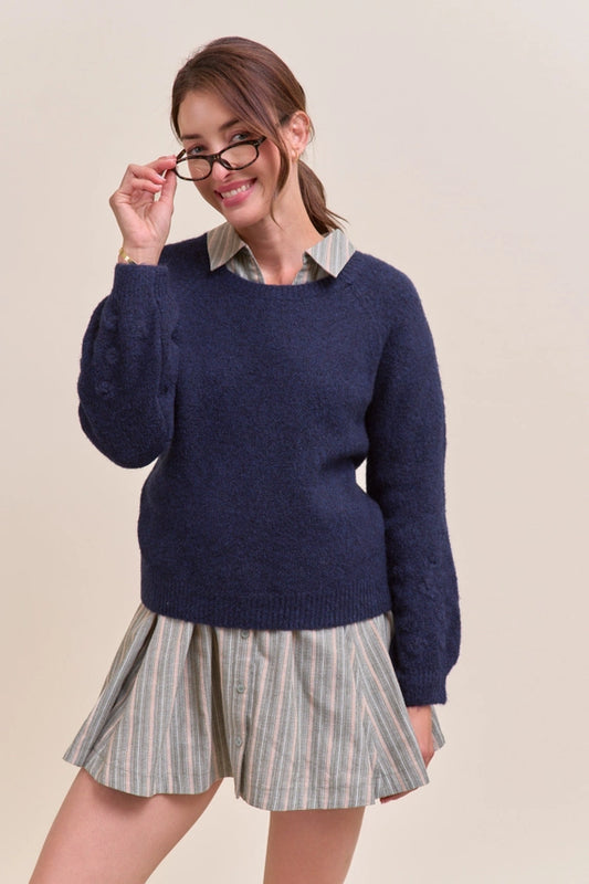 &Merci Navy Floral Accent Knit Puff Sleeve Sweater